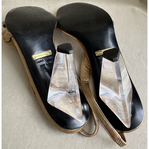 Dolce Gabbana Gold Leather Sandal Size 38.5 Clear Acrylic Heels Cheetah Leopard - Picture 14 of 14